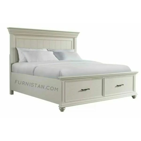 White bed with storage drawers